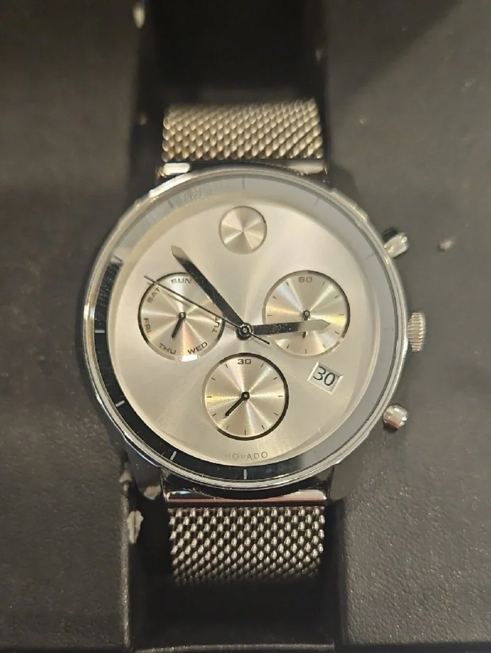 Movado Men’s Bold Black Mesh Bracelet Chronograph with Silver Dial